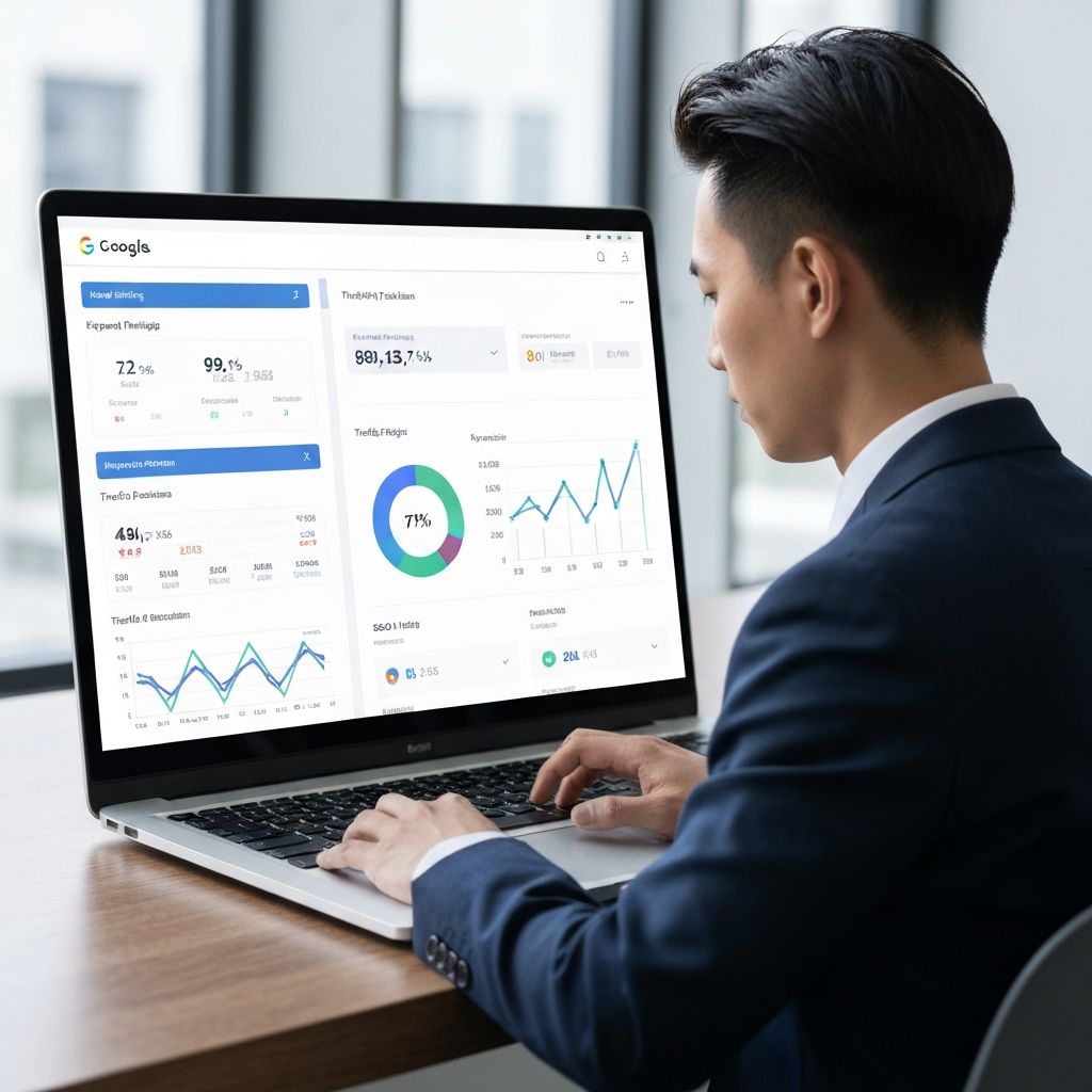 SEO Performance Dashboard showing keyword rankings and metrics